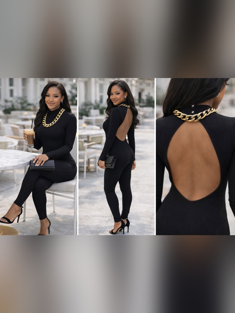Black Backless Ribbed Jumpsuit with Removable Gold Chain Detail
